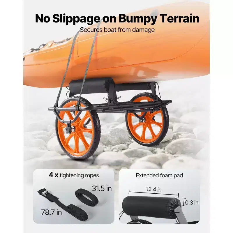 Carrello per kayak, capacità di carico 150 kg, carrello per canoa con ruote in gomma piena da 15 pollici e cavalletto, si monta e smonta in pochi secondi, nero+arancione