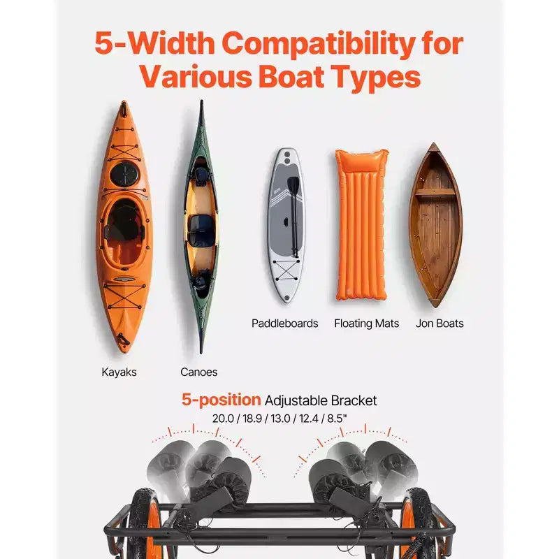 Carrello per kayak, capacità di carico 150 kg, carrello per canoa con ruote in gomma piena da 15 pollici e cavalletto, si monta e smonta in pochi secondi, nero+arancione